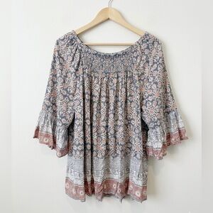 beachlunchlounge Blue and Pink Boho Smocked Ruffle 3/4 Sleeve Flowy Blouse